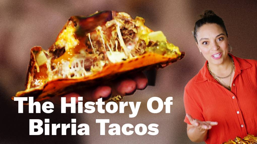 A close-up of a birria taco with cheese next to the show's host, Cecilia Phillips.