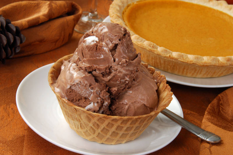 Rocky road ice cream in an edible waffle bowl