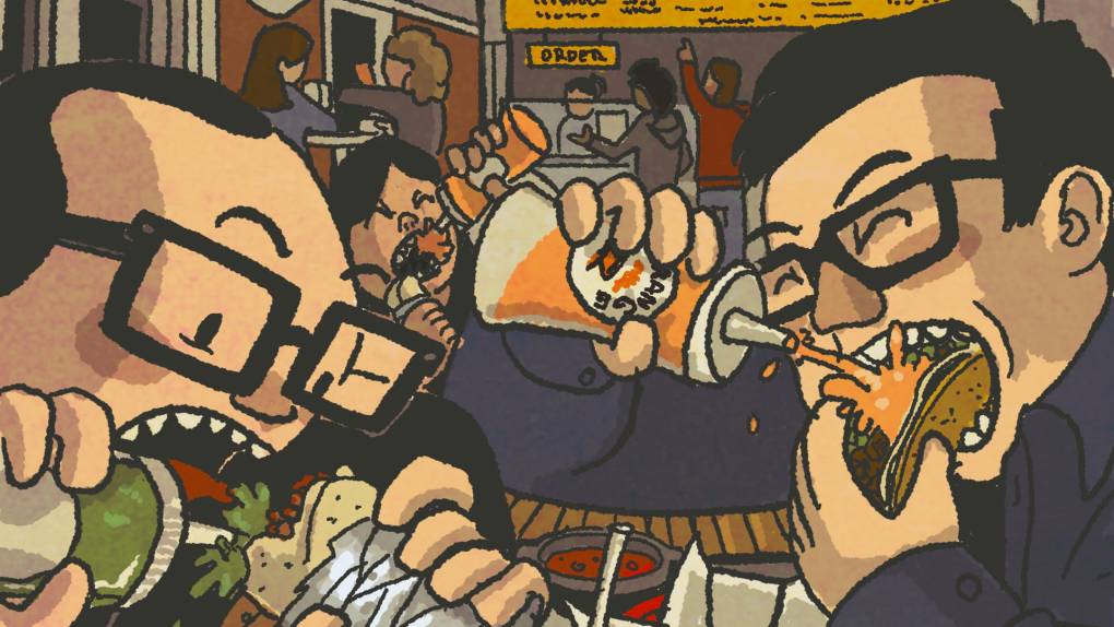 Illustration: Two men devour tacos and burritos while pouring hot sauce from squeeze bottles directly into their mouths.