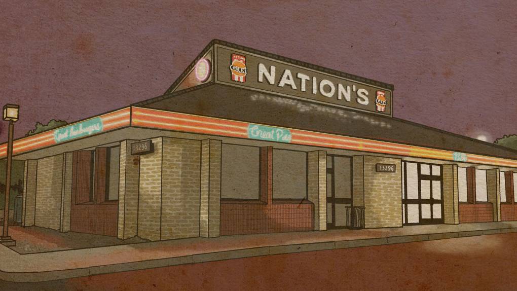 Illustration: The exterior of a Nation's fast food burger restaurant, lit up in neon at night.