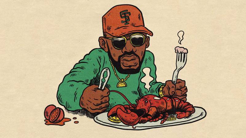 Illustration of the rapper Larry June in an SF Giants cap, holding a crab cracker in one hand and a fork in the other. In front of him is a whole lobster on a plate.