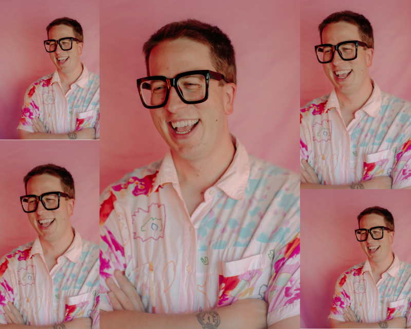 A collage of five images of a white man with glasses wearing a pink shirt with his arms folded.